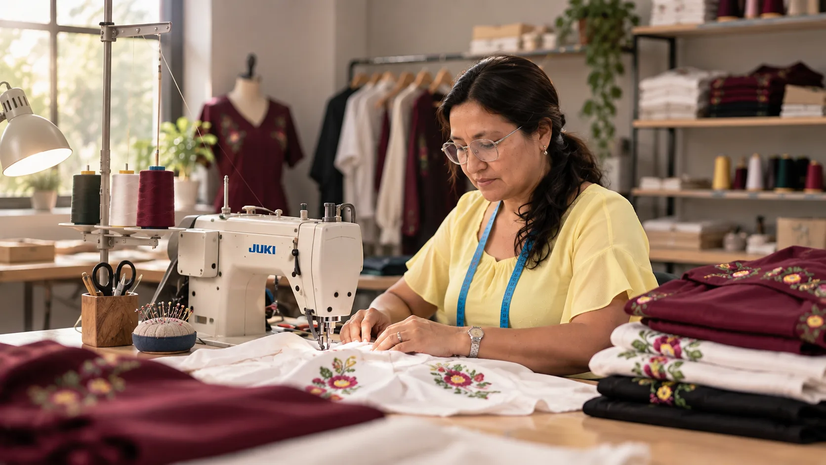 Costurera trabajando con una máquina de coser en un taller